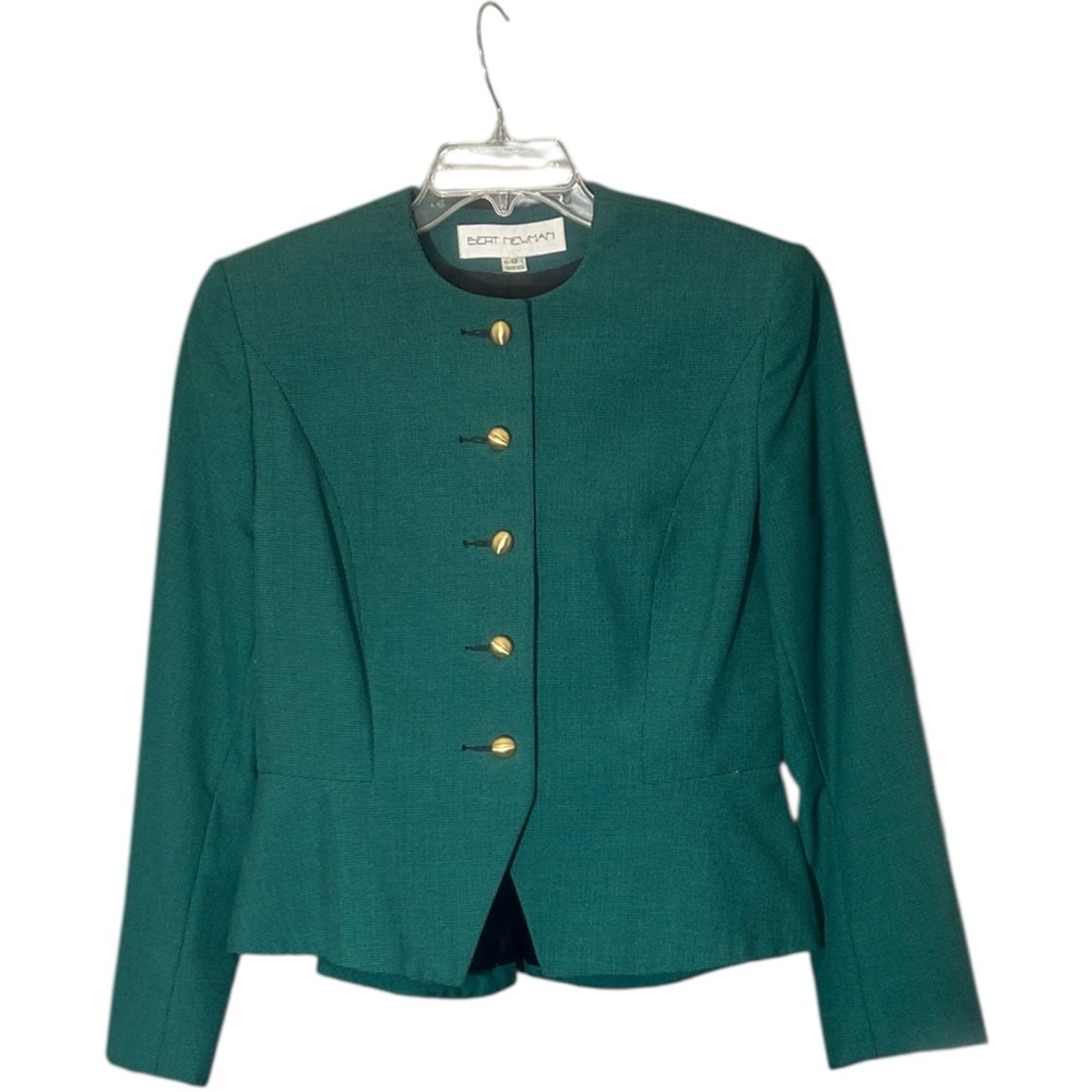 Bert Newman green vintage houndstooth wool blazer with peplum gold buttons Sz 12